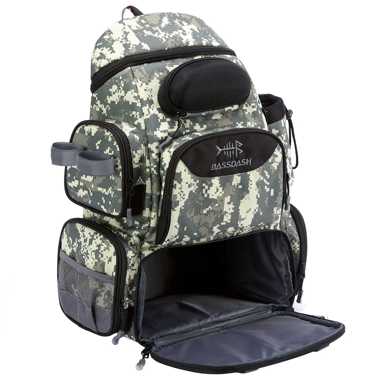Bassdash Waterproof 3600 Tackle Backpack With Rod Holder Tactical Bag For Fishing Hiking Camping, Camo Without Trays